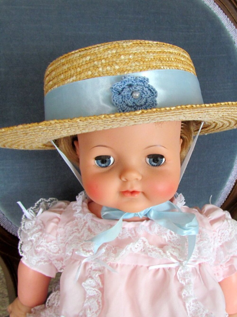 GIRL'S or LADY'S HAT, FRANCOISE BOUTHILLIER COUTURE, VINTAGE STRAW w SKY BLUE